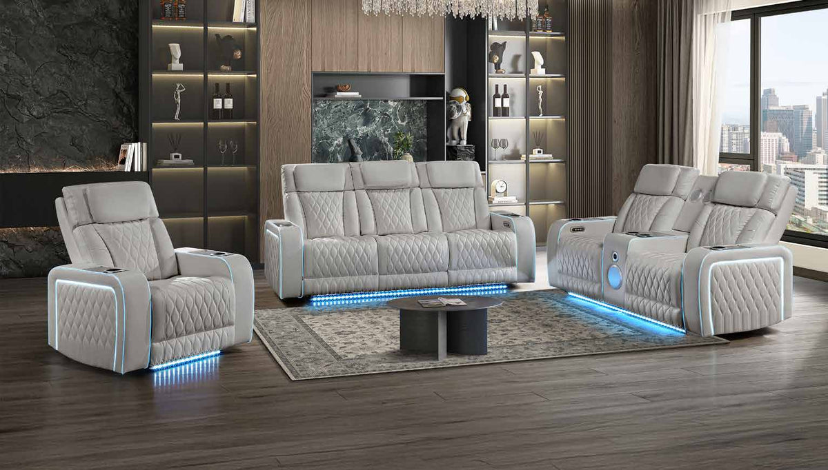 Electra Gray collection room scene showing the chair at left, sofa at center and loveseat at right, with other room furniture and decorative accessories.