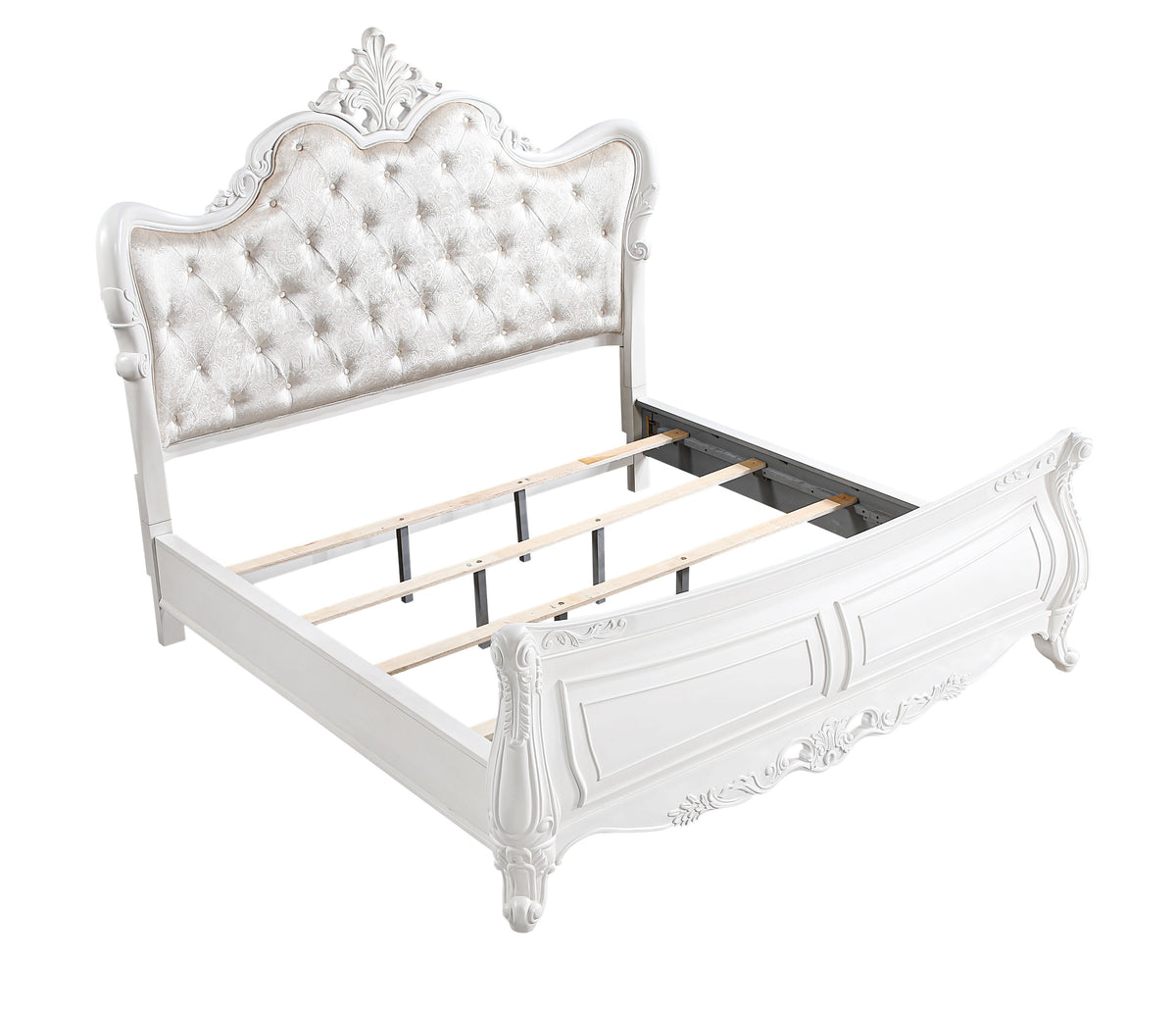 Opulence White Bed - bed frame supports. Shared supplier photo; photographed size is not verified.