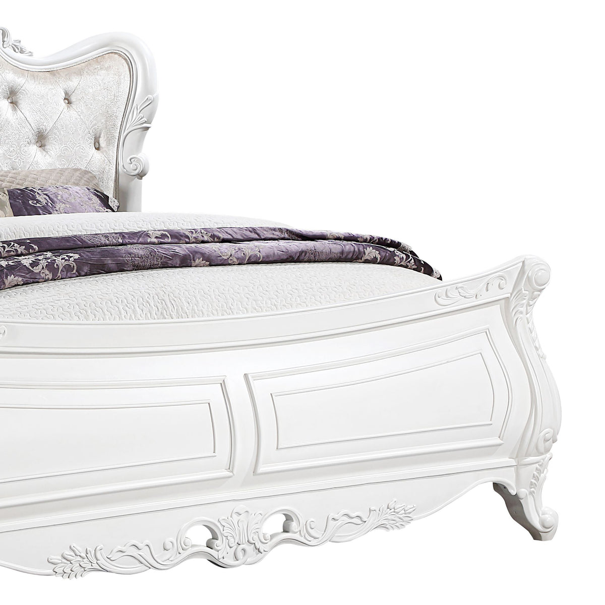 Opulence White Bed - bed detail. Shared supplier photo; photographed size is not verified.