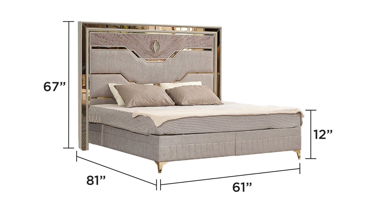 Omary Beige Bed - Queen bed dimension diagram; for Queen size only.