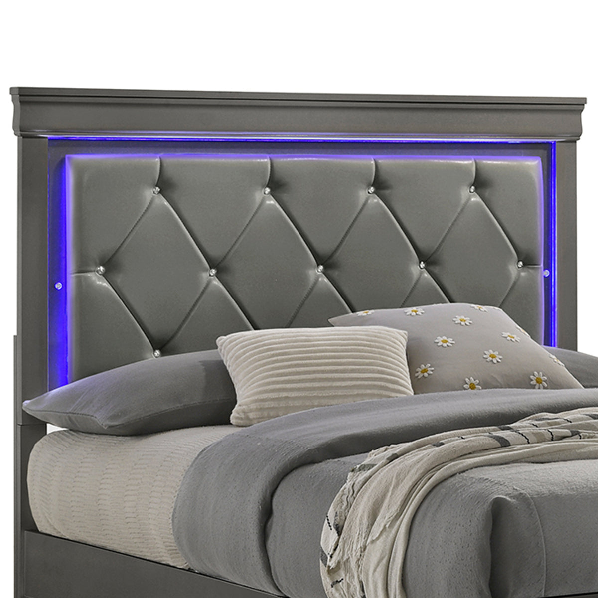 Blaze Metallic Gray Bed - bed detail. Shared supplier photo; photographed size is not verified.