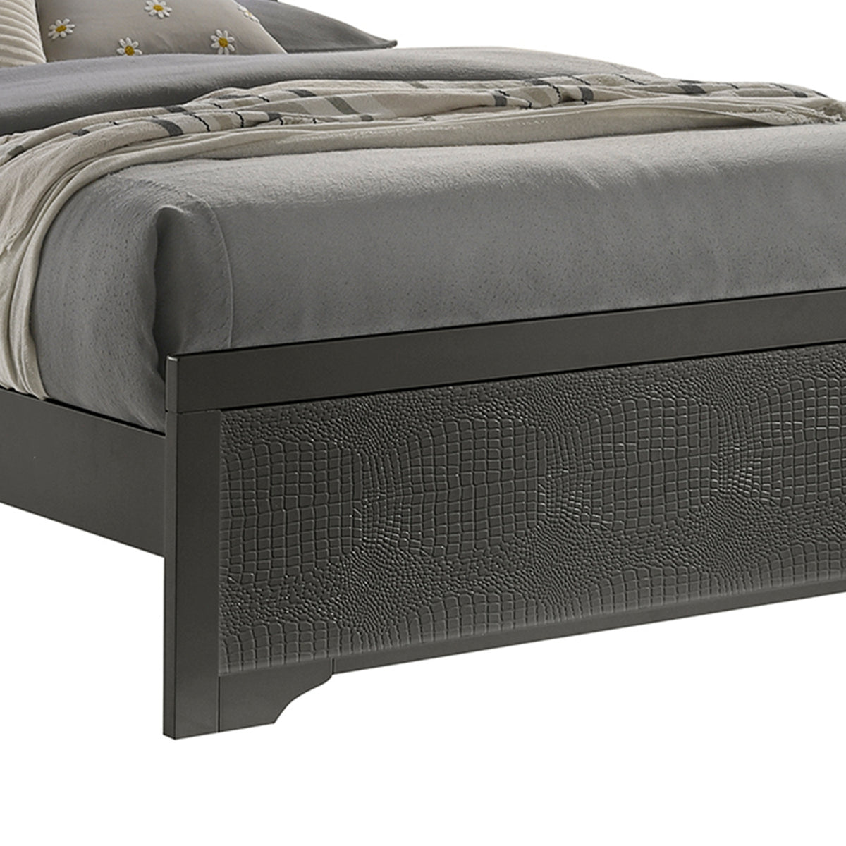 Blaze Metallic Gray Bed - bed detail. Shared supplier photo; photographed size is not verified.