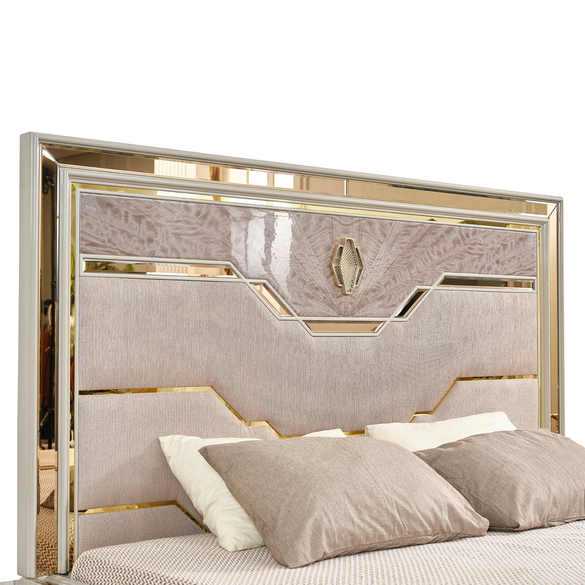 Omary Beige Bed - bed detail. Shared supplier photo; photographed size is not verified.