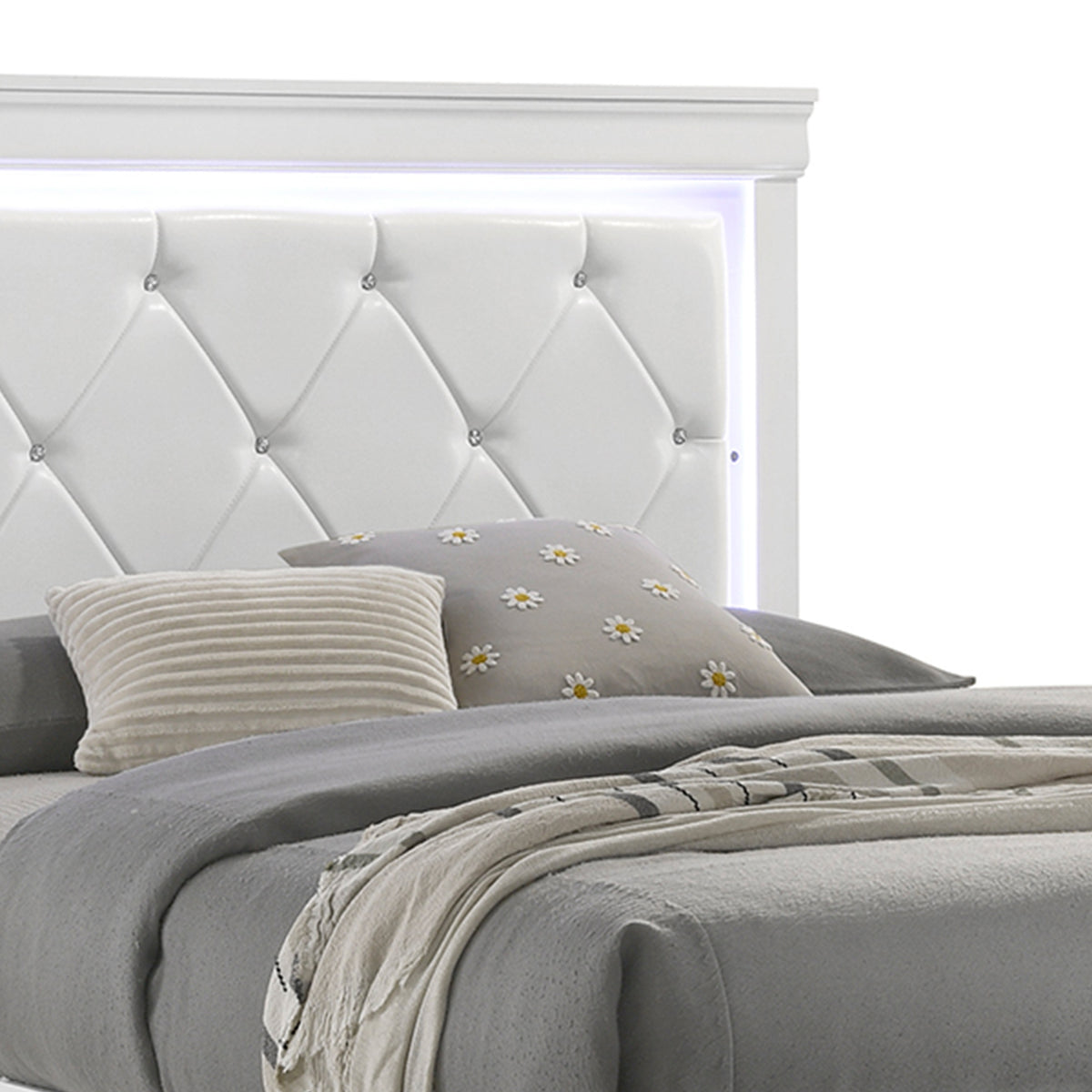 Blaze White Bed - bed detail. Shared supplier photo; photographed size is not verified.