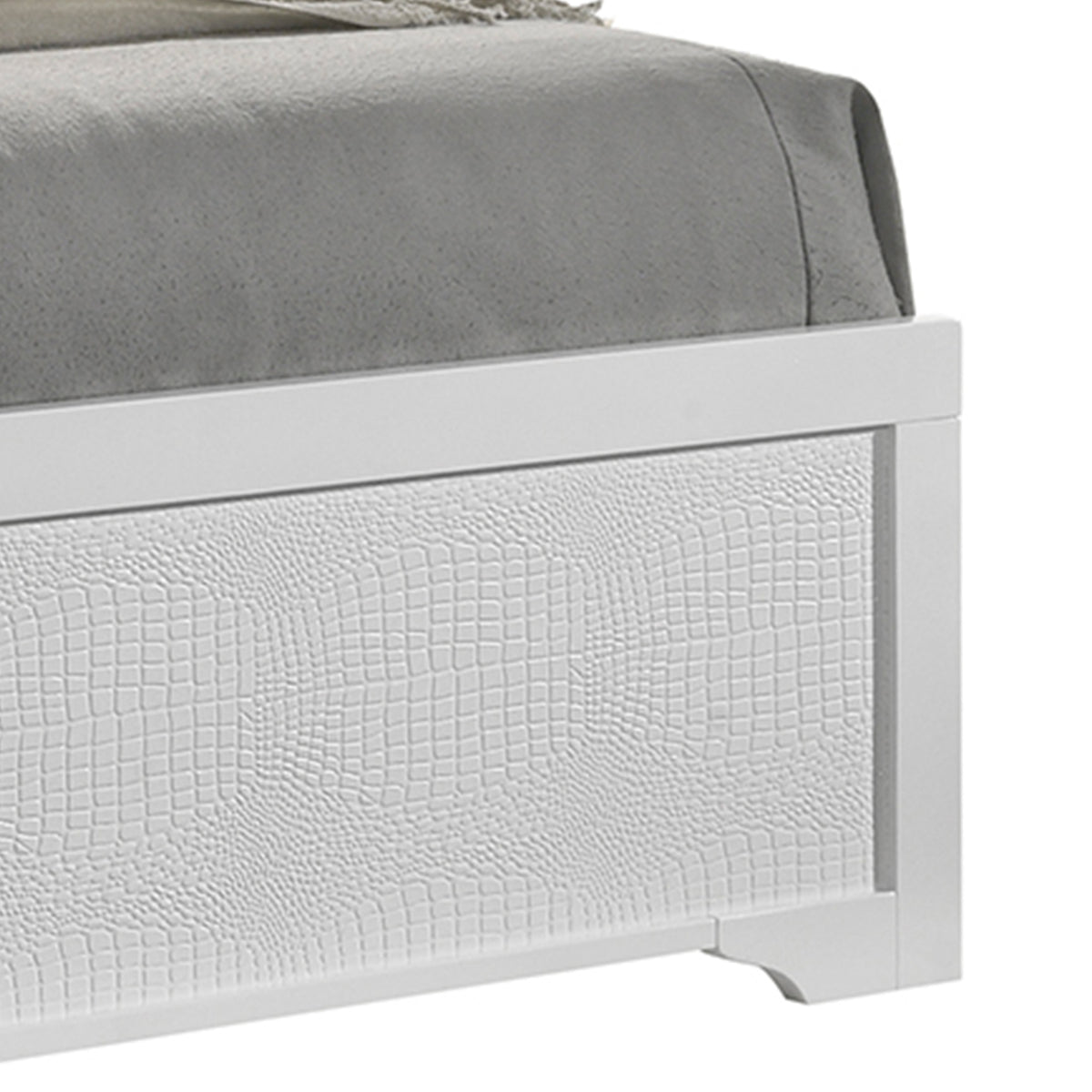Blaze White Bed - bed detail. Shared supplier photo; photographed size is not verified.