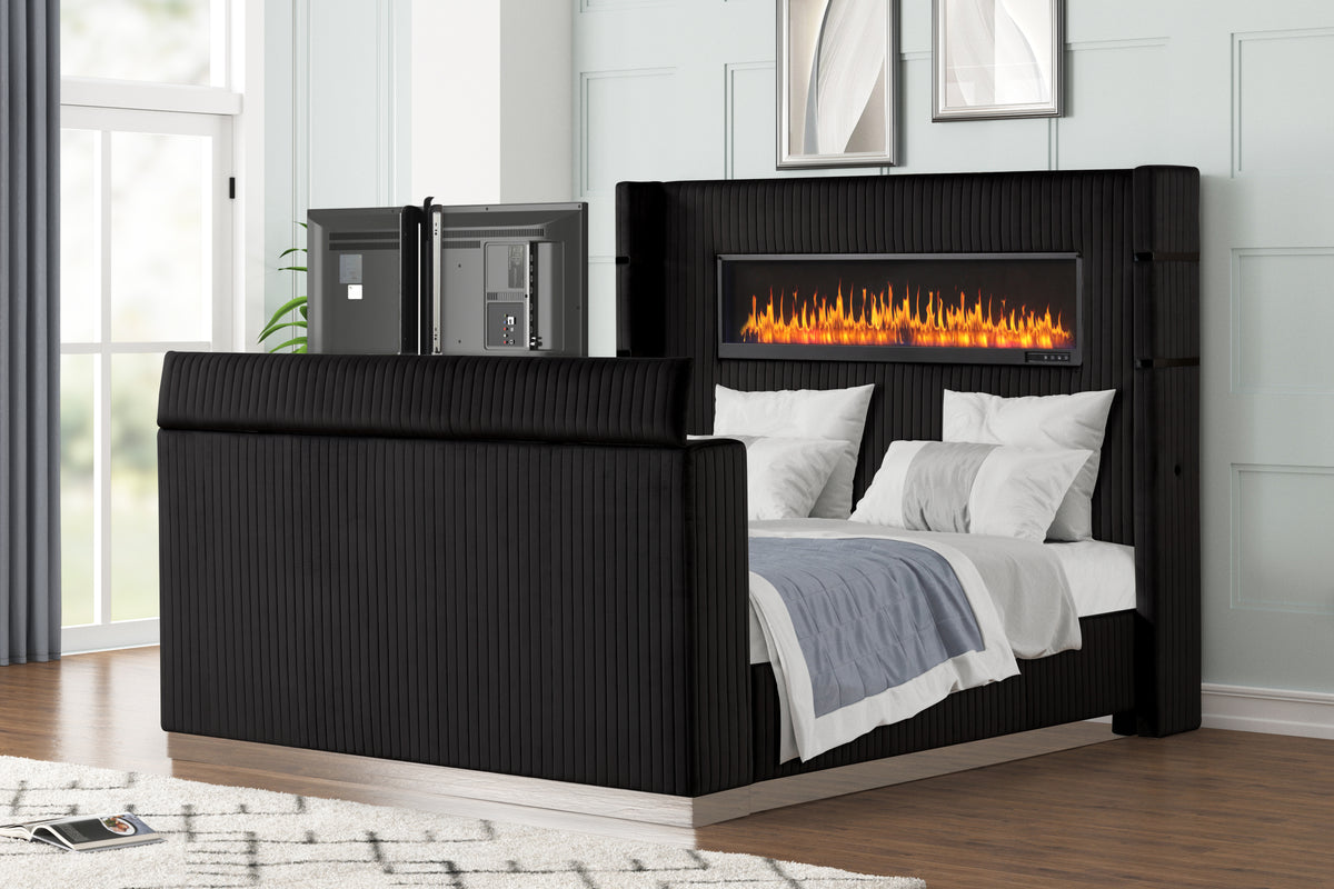 Lavish Black Bed - staged bed tv raised. Shared supplier photo; photographed size is not verified. TV is not included.