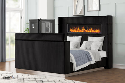 Lavish Black Bed - staged bed tv raised. Shared supplier photo; photographed size is not verified. TV is not included.