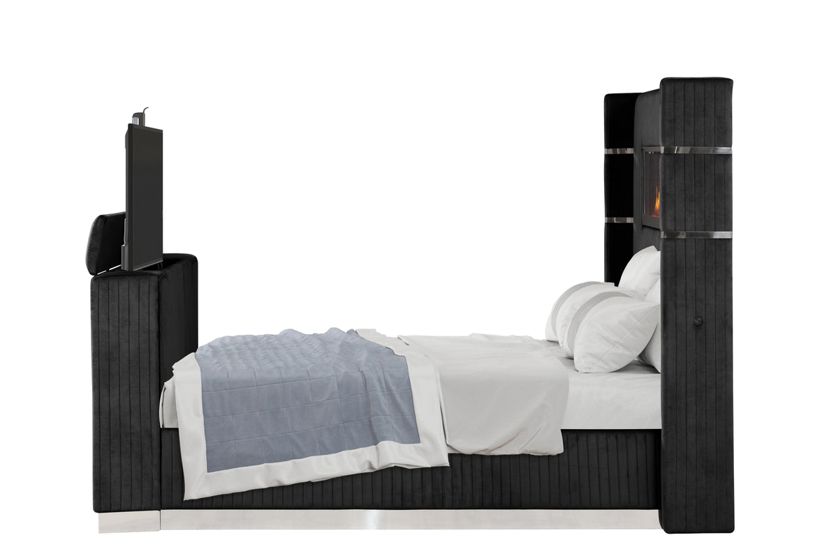 Lavish Black Bed - side view tv raised. TV is not included.