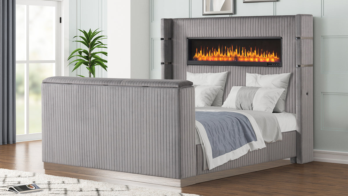 Lavish Gray Bed - staged bed tv lowered. Shared supplier photo; photographed size is not verified. TV is not included.