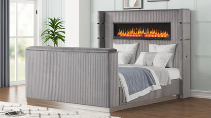 Lavish Gray Bed - staged bed tv lowered. Shared supplier photo; photographed size is not verified. TV is not included.