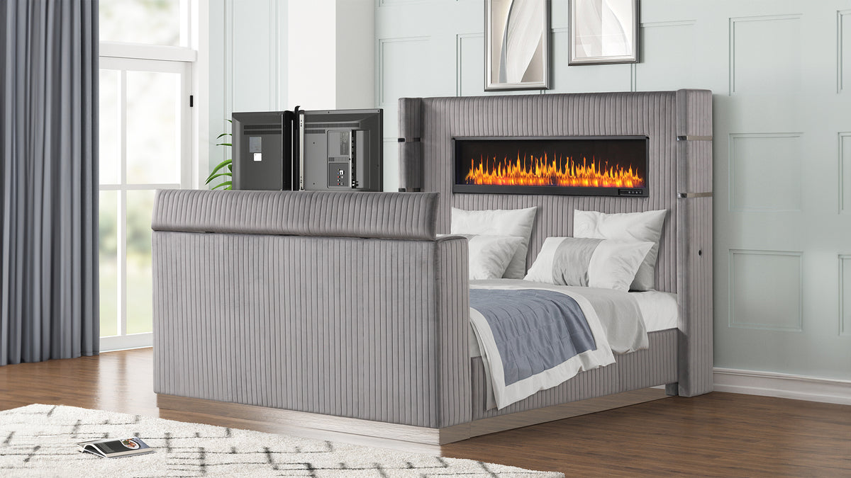 Lavish Gray Bed - staged bed tv raised. Shared supplier photo; photographed size is not verified. TV is not included.