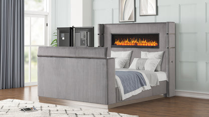 Lavish Gray Bed - staged bed tv raised. Shared supplier photo; photographed size is not verified. TV is not included.