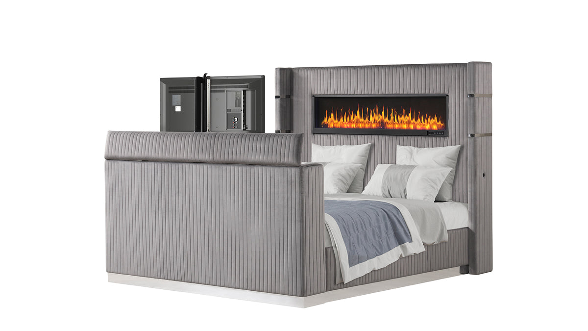 Lavish Gray Bed - bed tv raised. Shared supplier photo; photographed size is not verified. TV is not included.