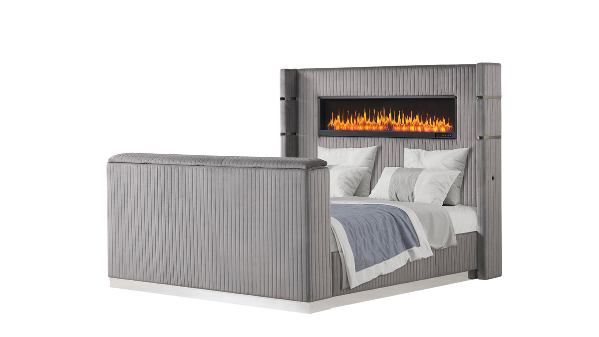 Lavish Gray Bed - bed tv lowered hero. Shared supplier photo; photographed size is not verified. TV is not included.