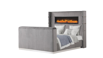 Lavish Gray Bed - bed tv lowered hero. Shared supplier photo; photographed size is not verified. TV is not included.