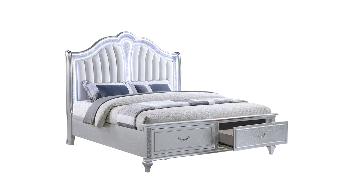 Mystic Silver Bed - open storage drawers.