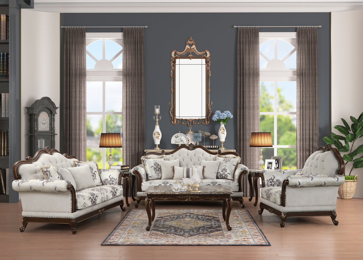 Gloria living-room scene showing a sofa, loveseat, chair and coordinating tables.