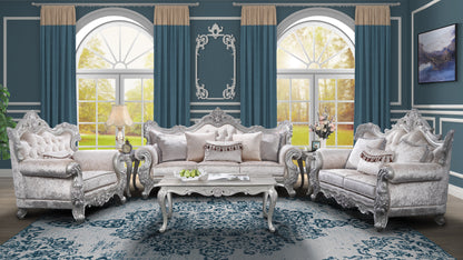 Melrose living-room scene with sofa, loveseat, chair, coffee table and end tables.