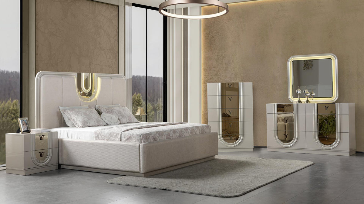 Lesli King 5 Pc Bedroom Set Beige — base set shown with one nightstand