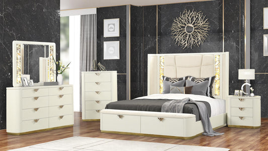 La Pierre cream 5-piece set: bed, dresser, mirror, nightstand and chest